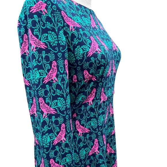 Boden Annie Jacquard A-Line Long Sleeve Teal and Pink Bird Print Dress Size 6R - Picture 8 of 16
